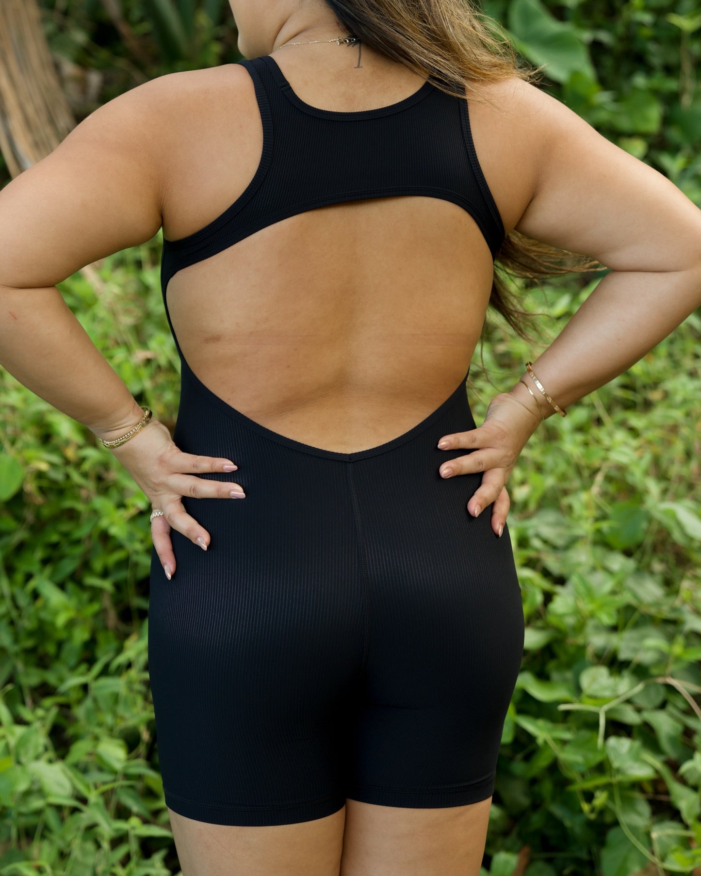 Olina Open Back Jumpsuit in Ribbed Black