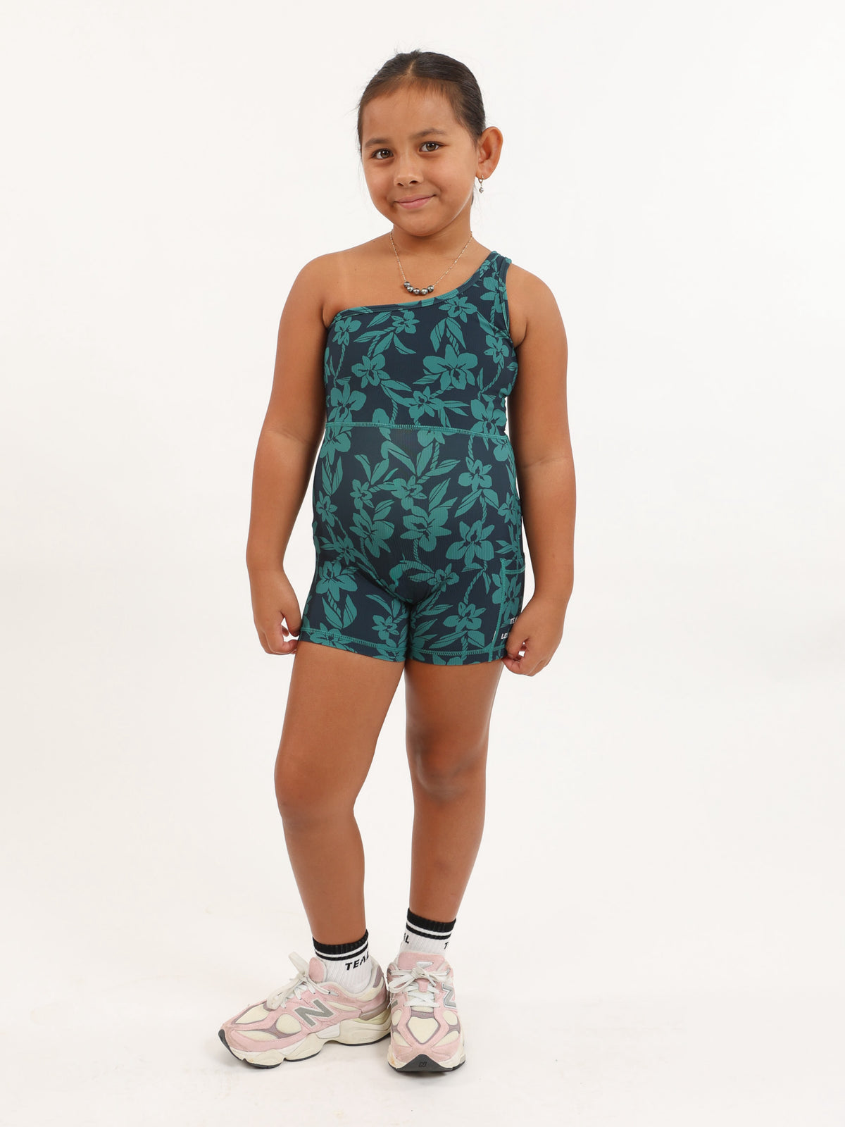 Mini One Shoulder Jumpsuit in Teal Orchid Lei