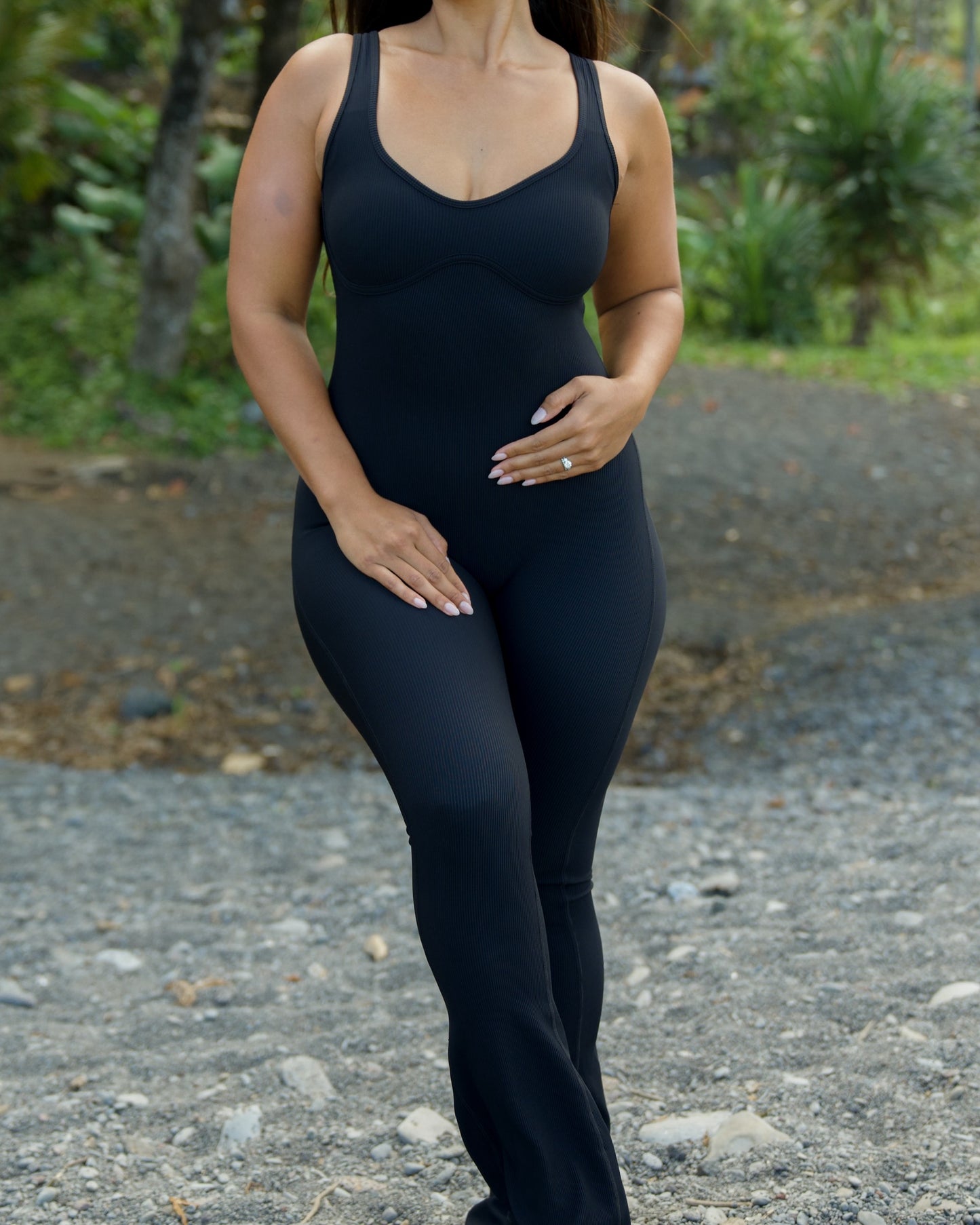 Aura Flare Jumpsuit in Ribbed Black