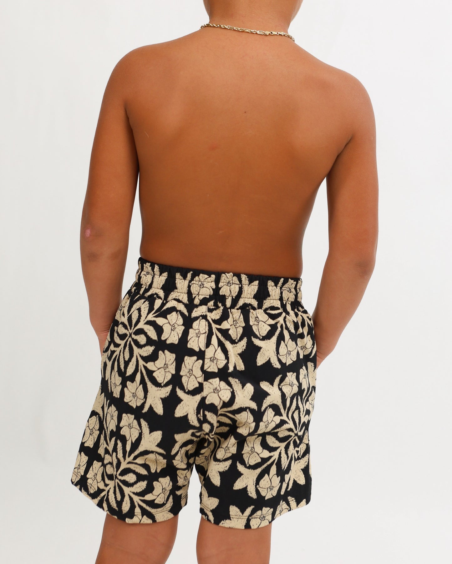 Luxe Hybrid Boy's Shorts in Black Puakenikeni Quilt