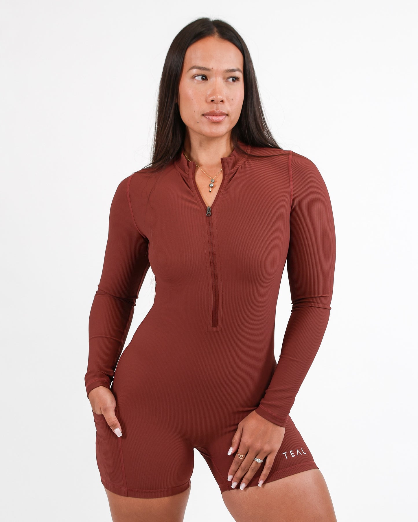 Half Zip Long Sleeve Jumpsuit in Ribbed Deep Merlot