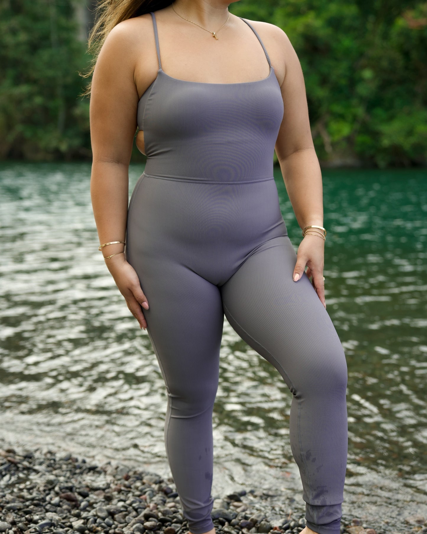 Long Kayla Jumpsuit in Ribbed Smoke Grey