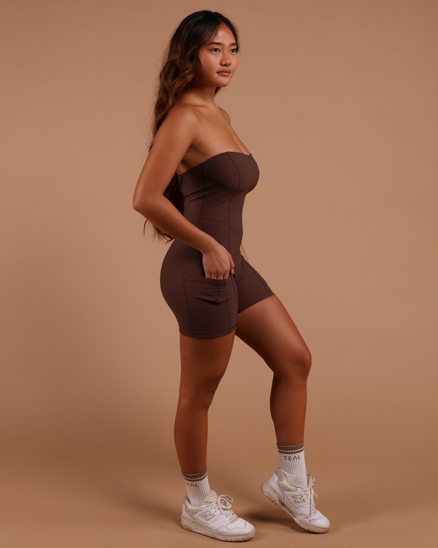 Sweet Heart Strapless Jumpsuit in Ribbed Mocha