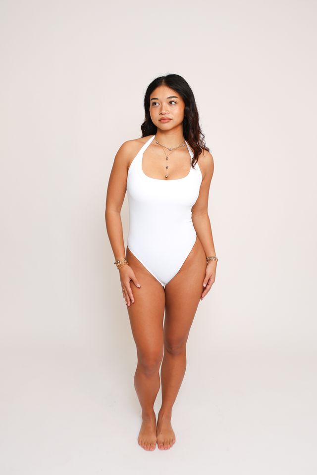 Lei Halter Bodysuit in Ribbed White