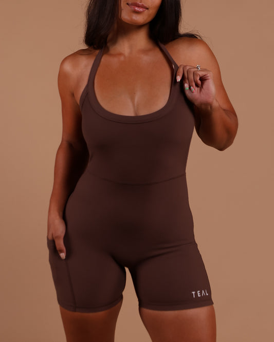 Lei Halter Jumpsuit in Ribbed Mocha