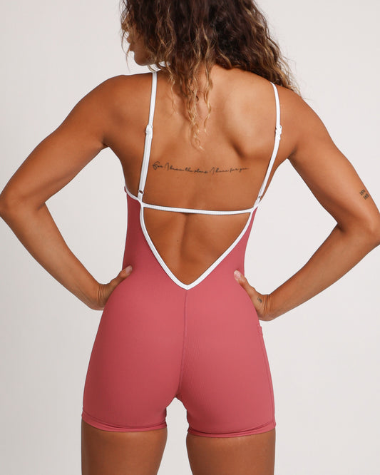 Azure V-Back Jumpsuit in Ribbed Coral Pink