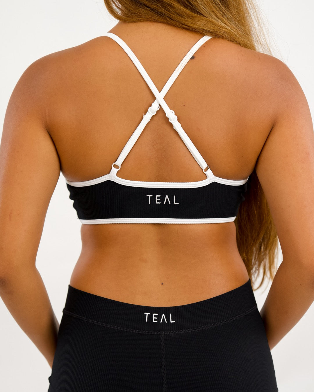 Cross Back Bra in Ribbed Black w/ White Trim