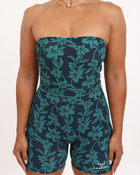 Anu Strapless Jumpsuit in Teal Orchid Lei
