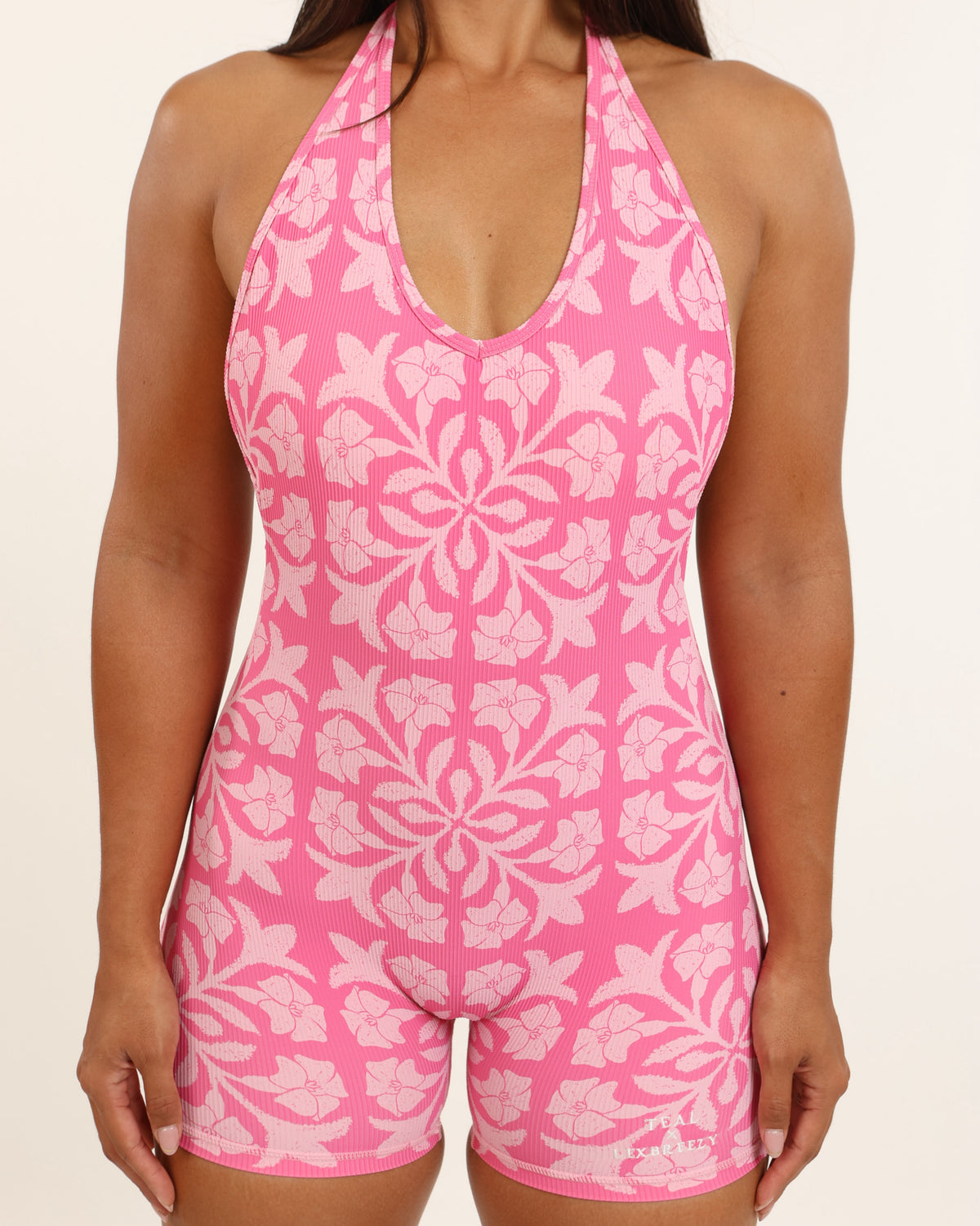 Schaleigh Halter Jumpsuit in Pink Puakenikeni Quilt