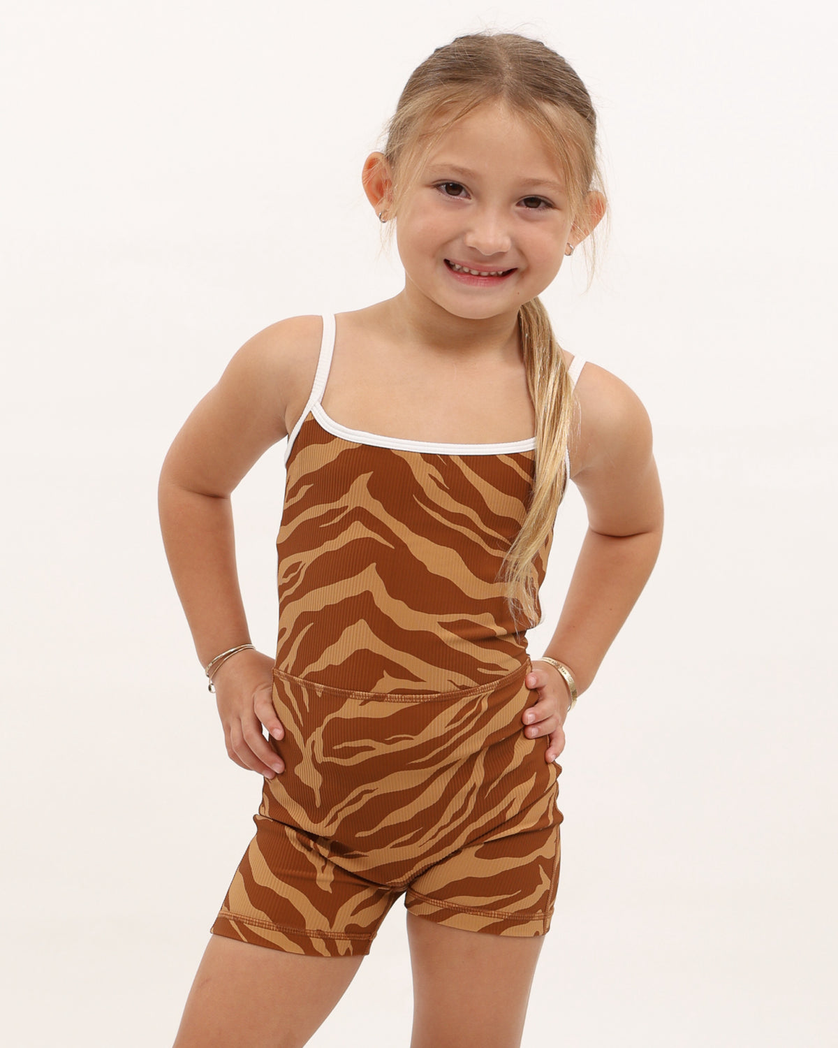 Mini Kayla Jumpsuit in Caramel Zebra w/ Trim