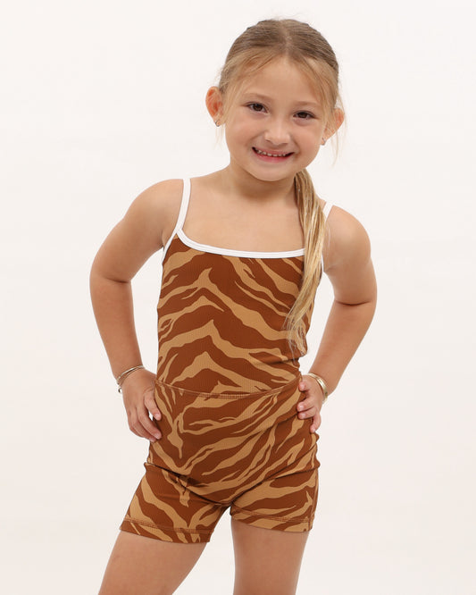 Mini Kayla Jumpsuit in Caramel Zebra w/ Trim
