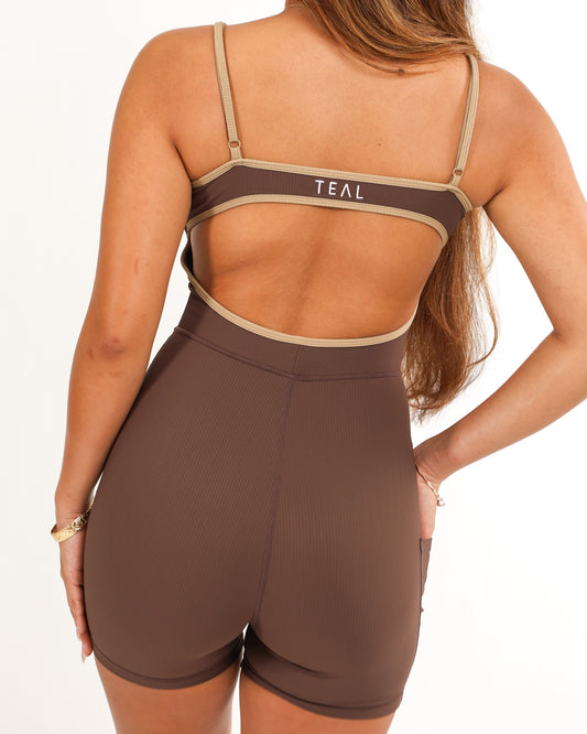 Kayla Jumpsuit in Ribbed Mocha with Trim