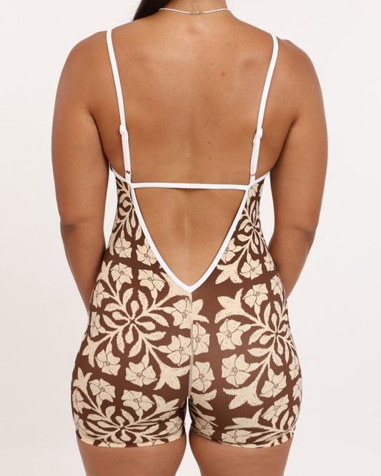 Azure V-Back Jumpsuit in Brown Puakenikeni Quilt