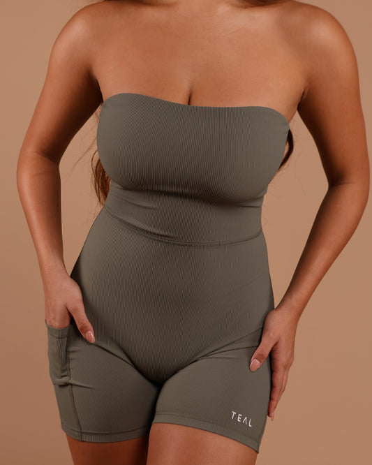 Anu Strapless Jumpsuit in Ribbed Olive