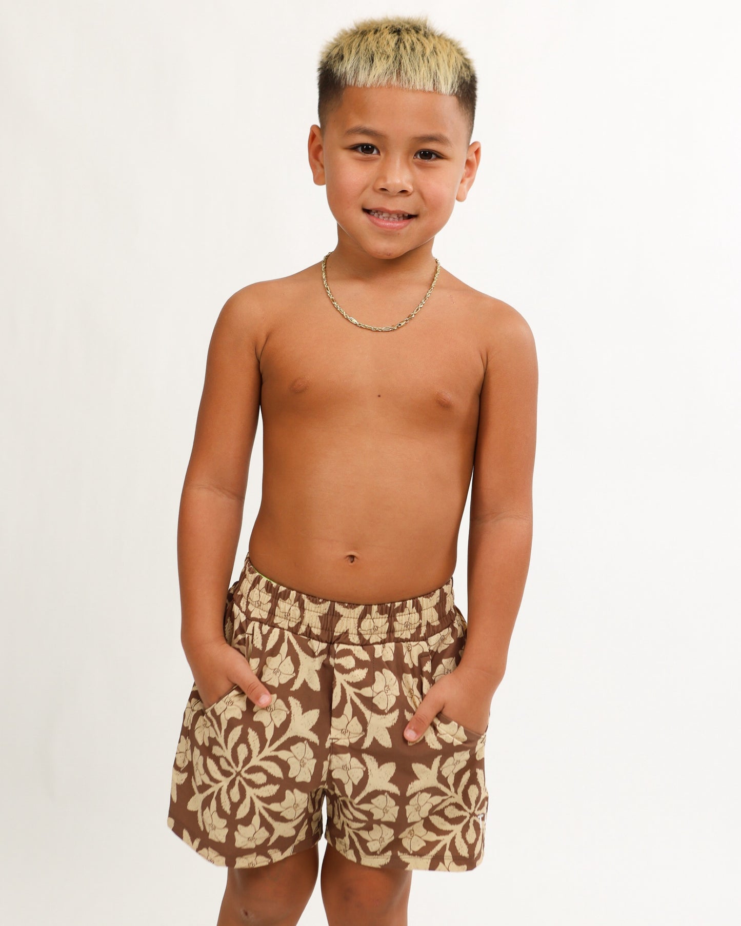 Luxe Hybrid Boy's Shorts in Brown Puakenikeni Quilt