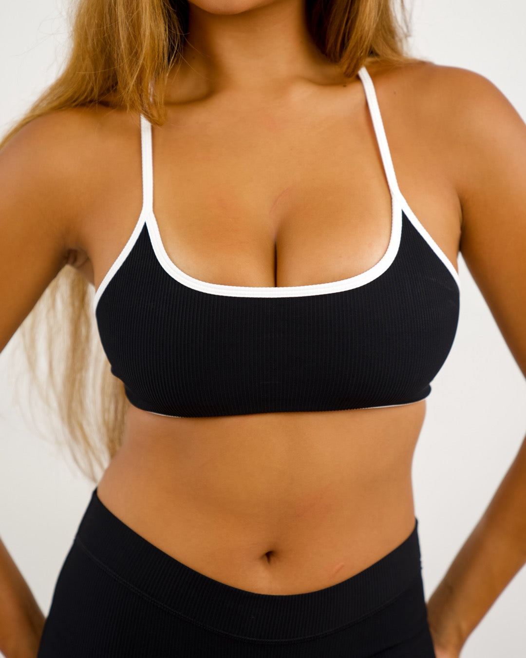 Cross Back Bra in Ribbed Black w/ White Trim