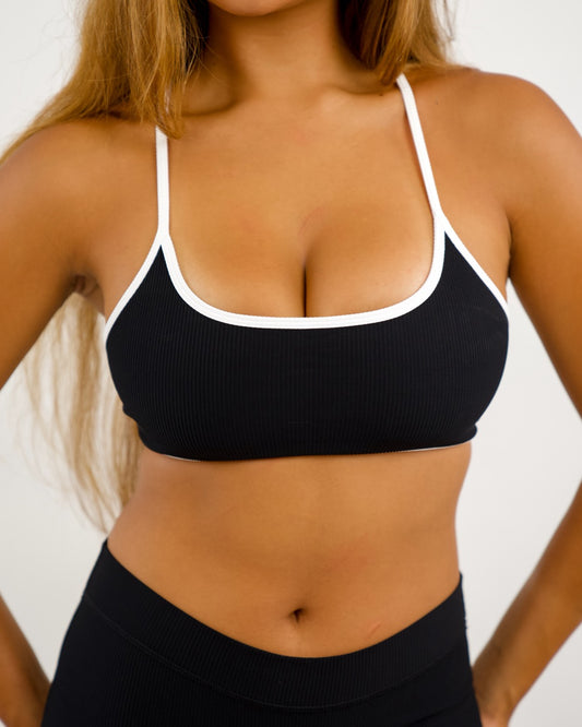 Cross Back Bra in Ribbed Black w/ White Trim