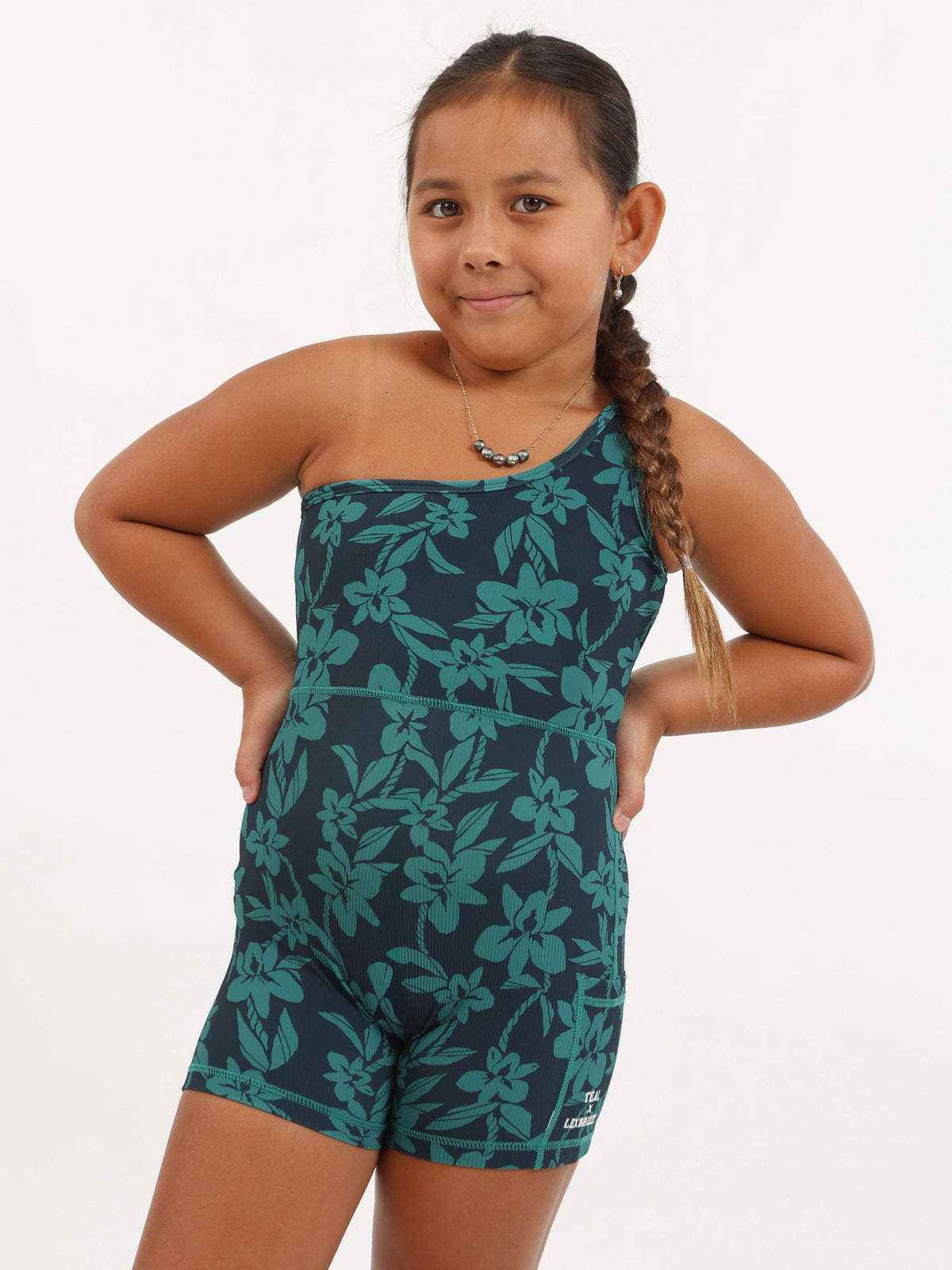 Mini One Shoulder Jumpsuit in Teal Orchid Lei