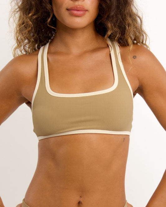 Racer Back Bra in Ribbed Golden Khaki