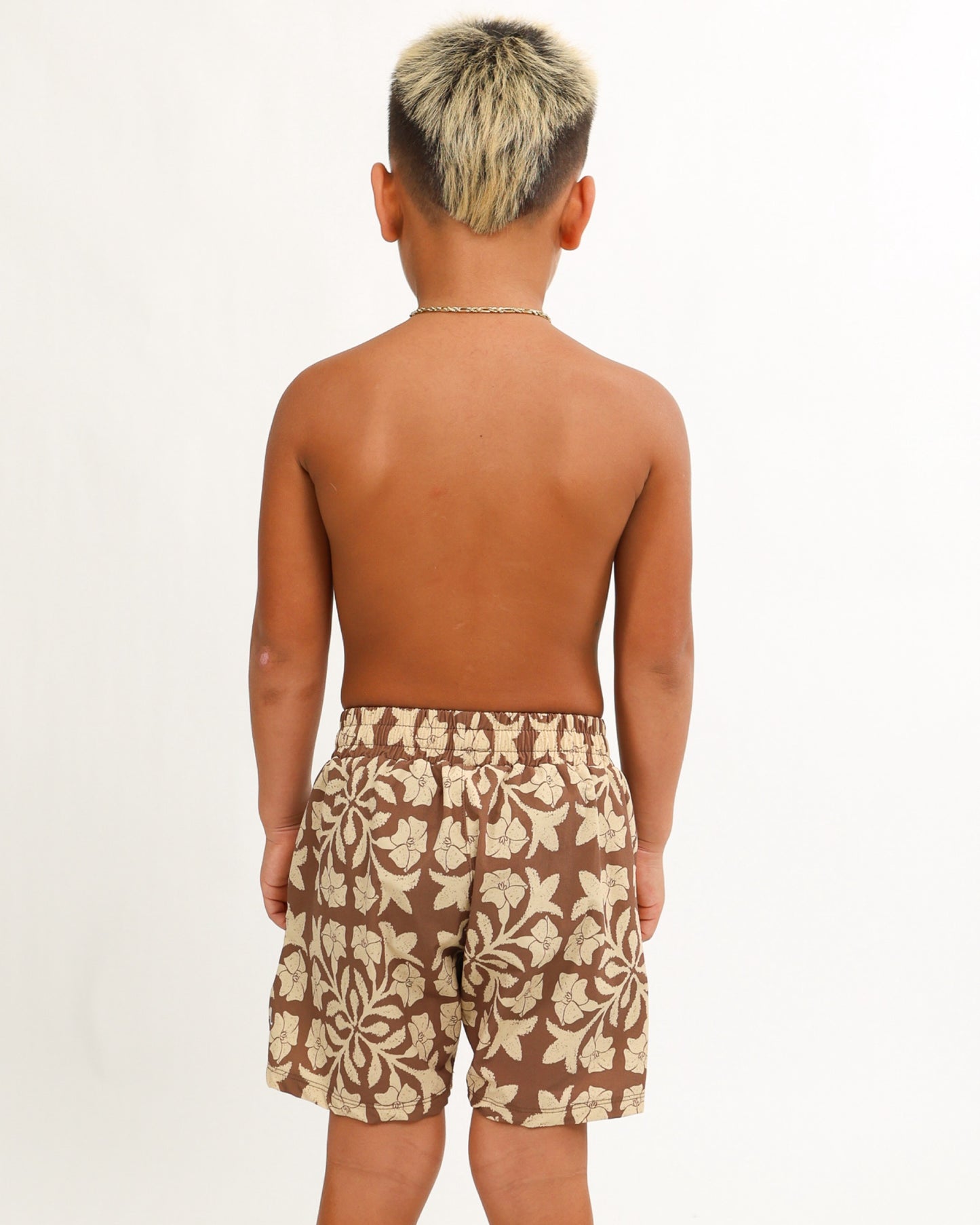 Luxe Hybrid Boy's Shorts in Brown Puakenikeni Quilt