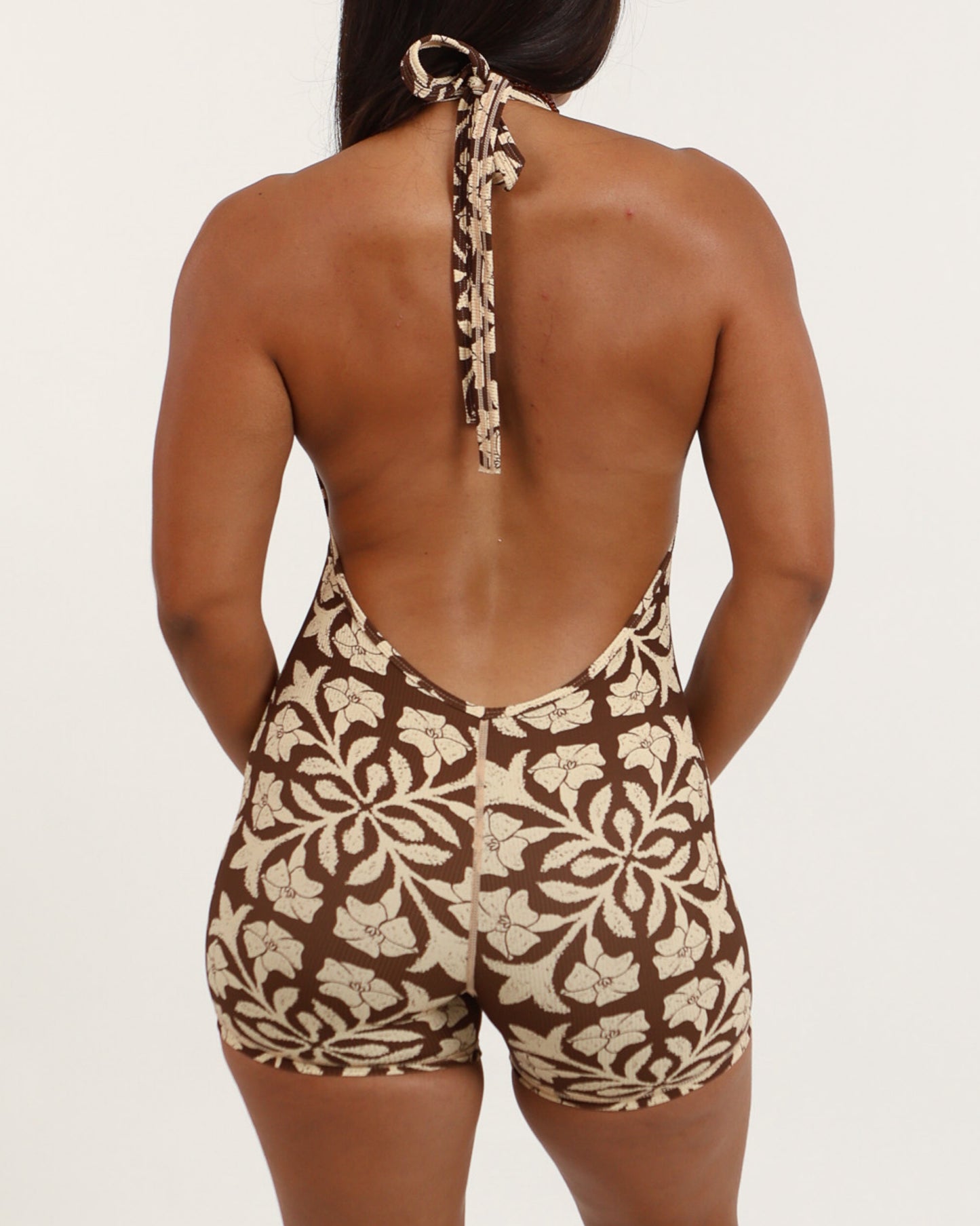 Schaleigh Halter Jumpsuit in Brown Puakenikeni Quilt
