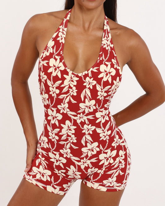 Schaleigh Halter Jumpsuit in Red Orchid Lei