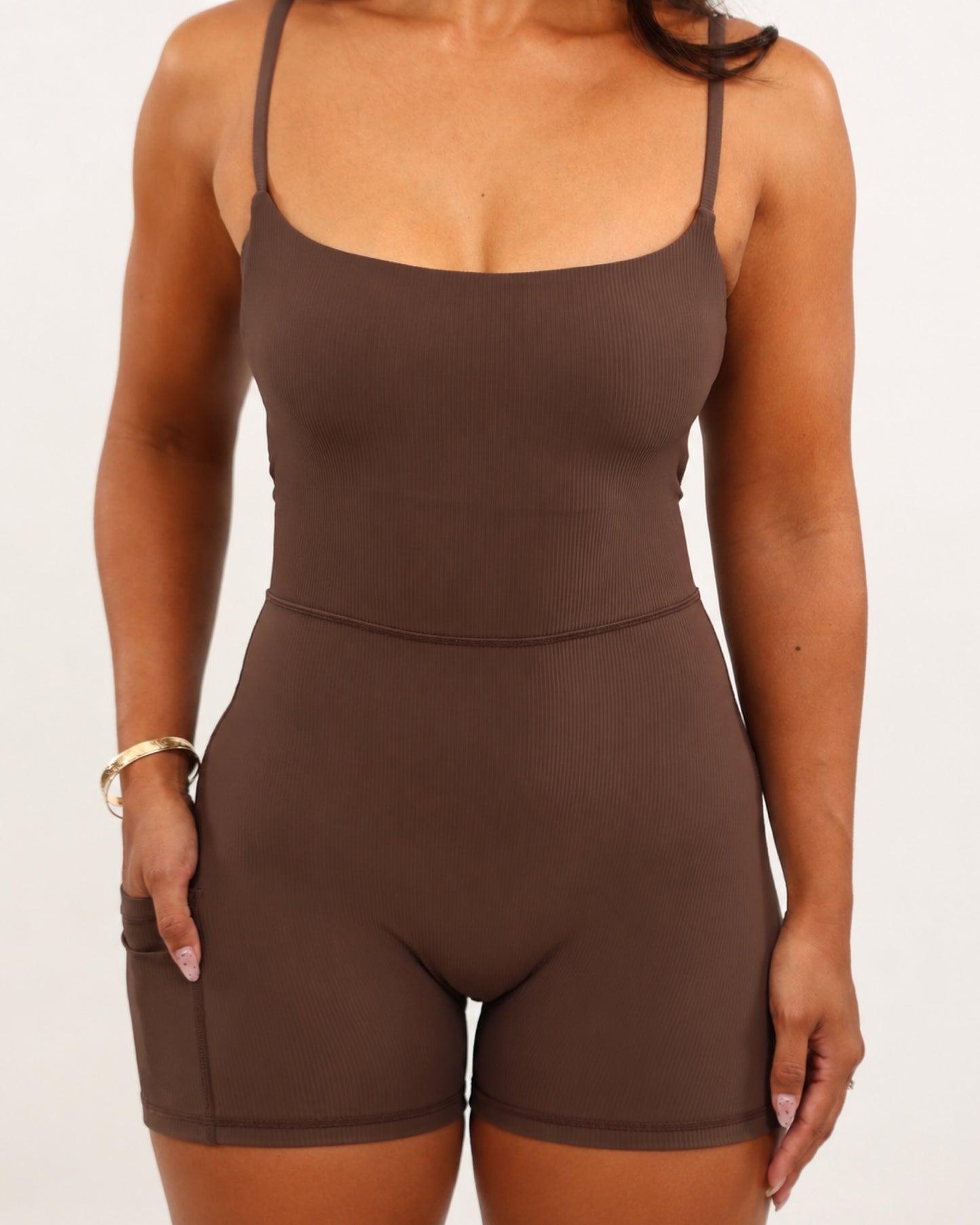 Kayla 3" Jumpsuit in Ribbed Mocha