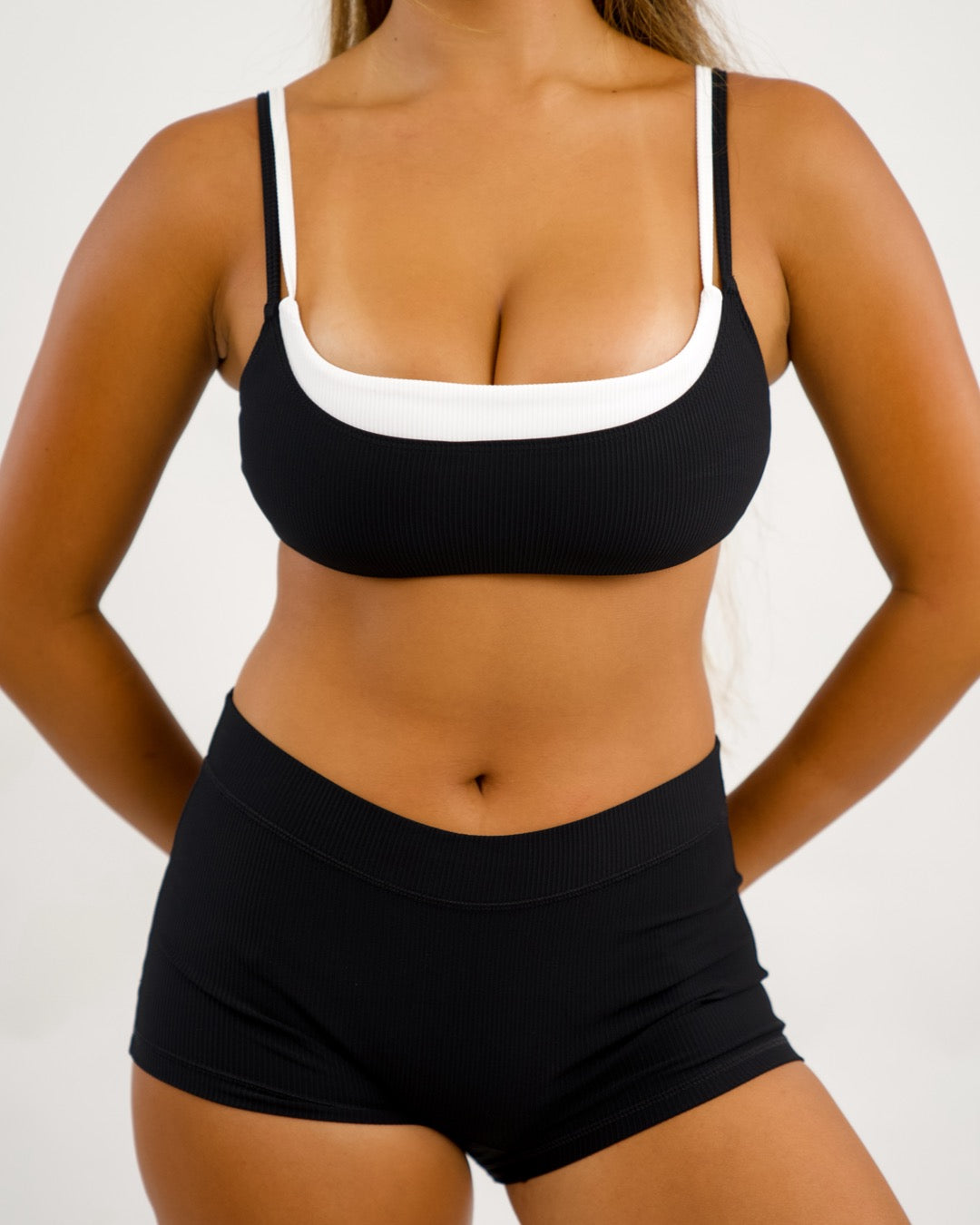 Double Layer Scoop Neck Bra in Ribbed Black