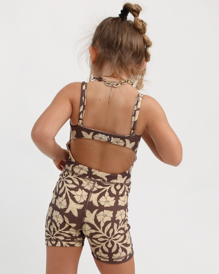 Mini Kayla Jumpsuit in Brown Puakenikeni Quilt