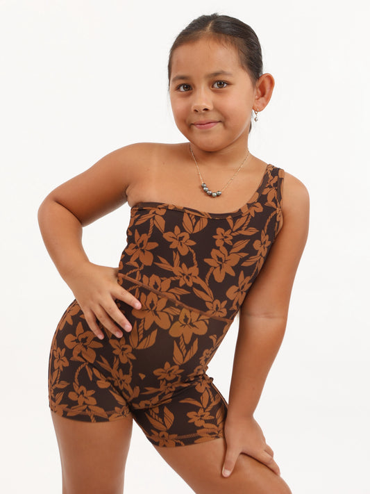 Mini One Shoulder Jumpsuit in Mocha Orchid Lei