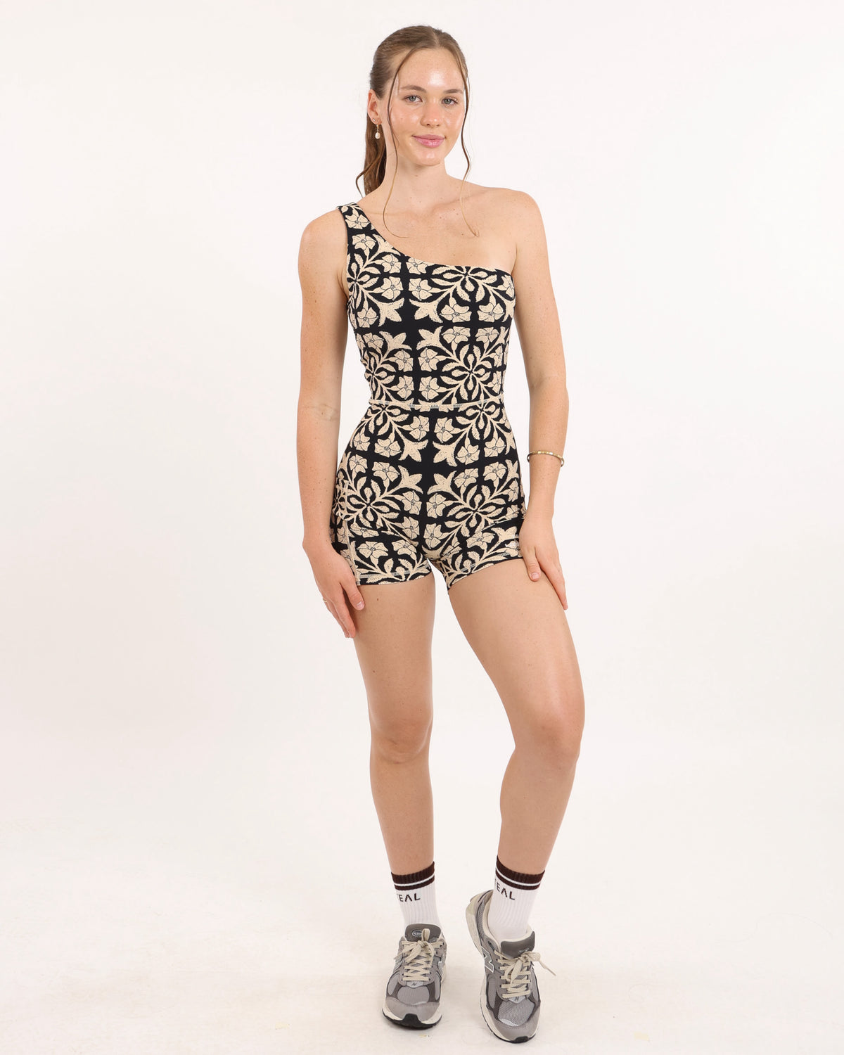One Shoulder Jumpsuit in Black Puakenikeni Quilt