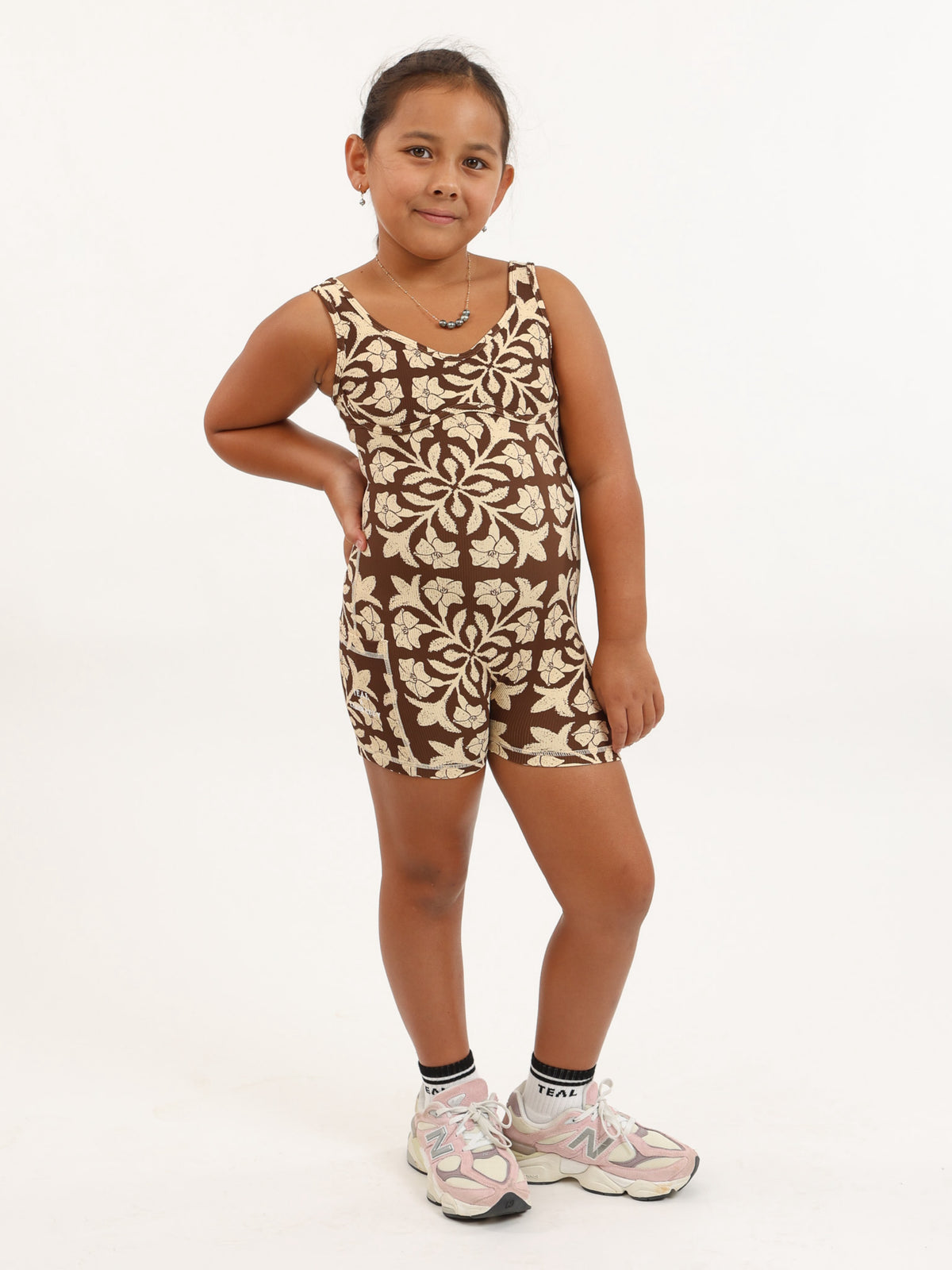 Mini Aura Jumpsuit in Brown Puakenikeni Quilt