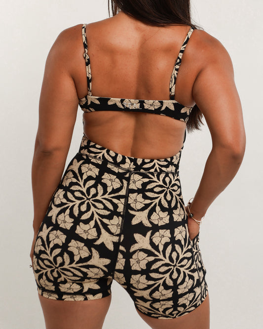Kayla Jumpsuit in Black Puakenikeni Quilt
