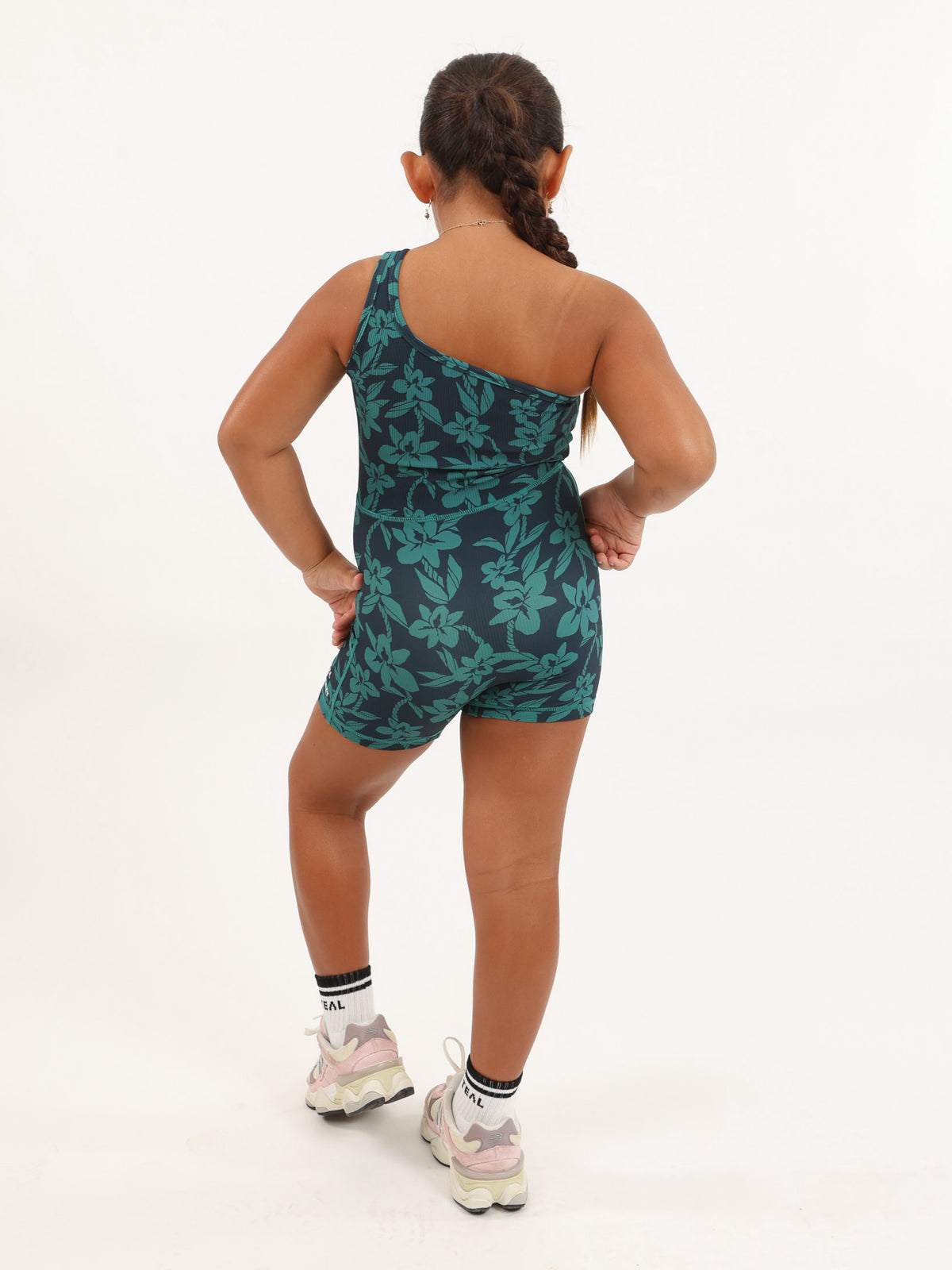 Mini One Shoulder Jumpsuit in Teal Orchid Lei