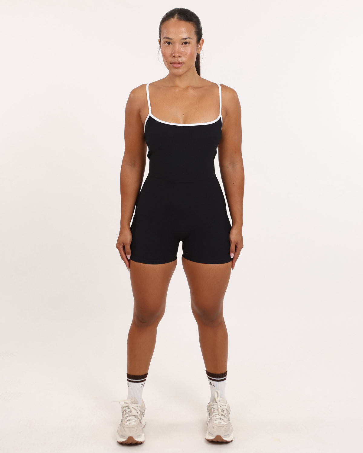 Kayla 3" Jumpsuit in Ribbed Black w/ White Trim