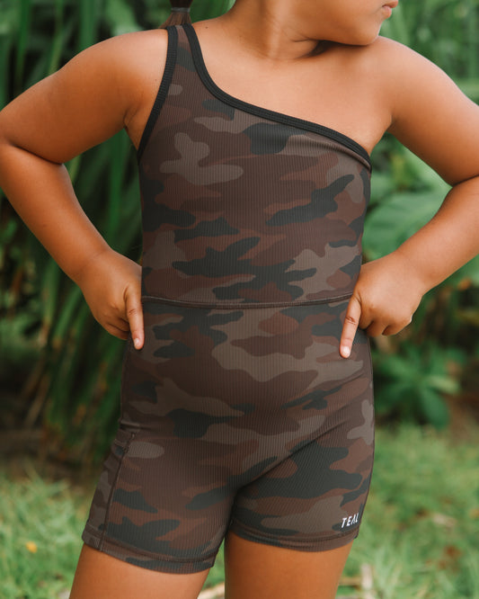 Mini One Shoulder Jumpsuit in Brown Camo