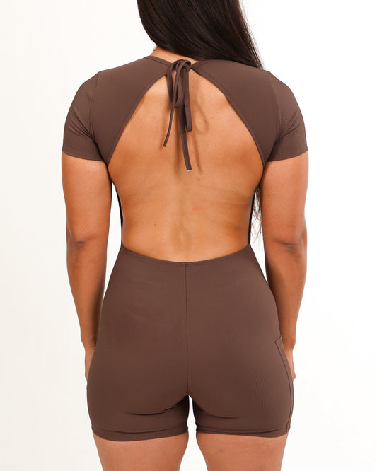 Luxe T-Shirt Jumpsuit in Ribbed Mocha (PREORDER)
