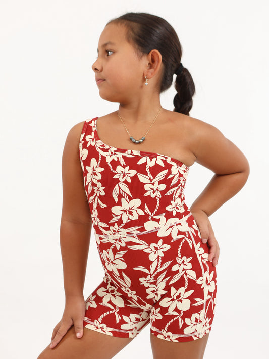 Mini One Shoulder Jumpsuit in Red Orchid Lei