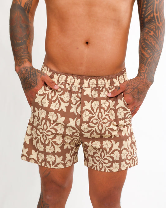 Luxe Hybrid 5” Men's Shorts in Brown Puakenikeni Quilt