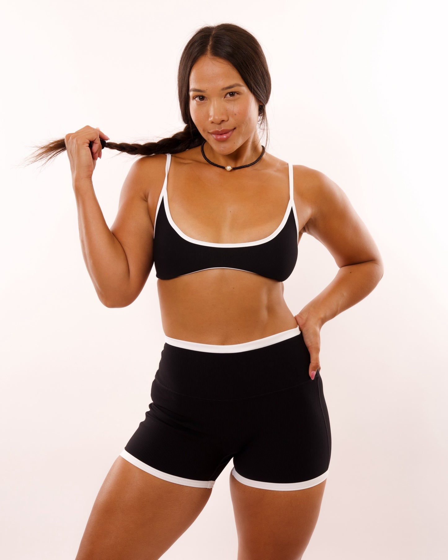 3" Biker Short in Ribbed Black w/ White Trim