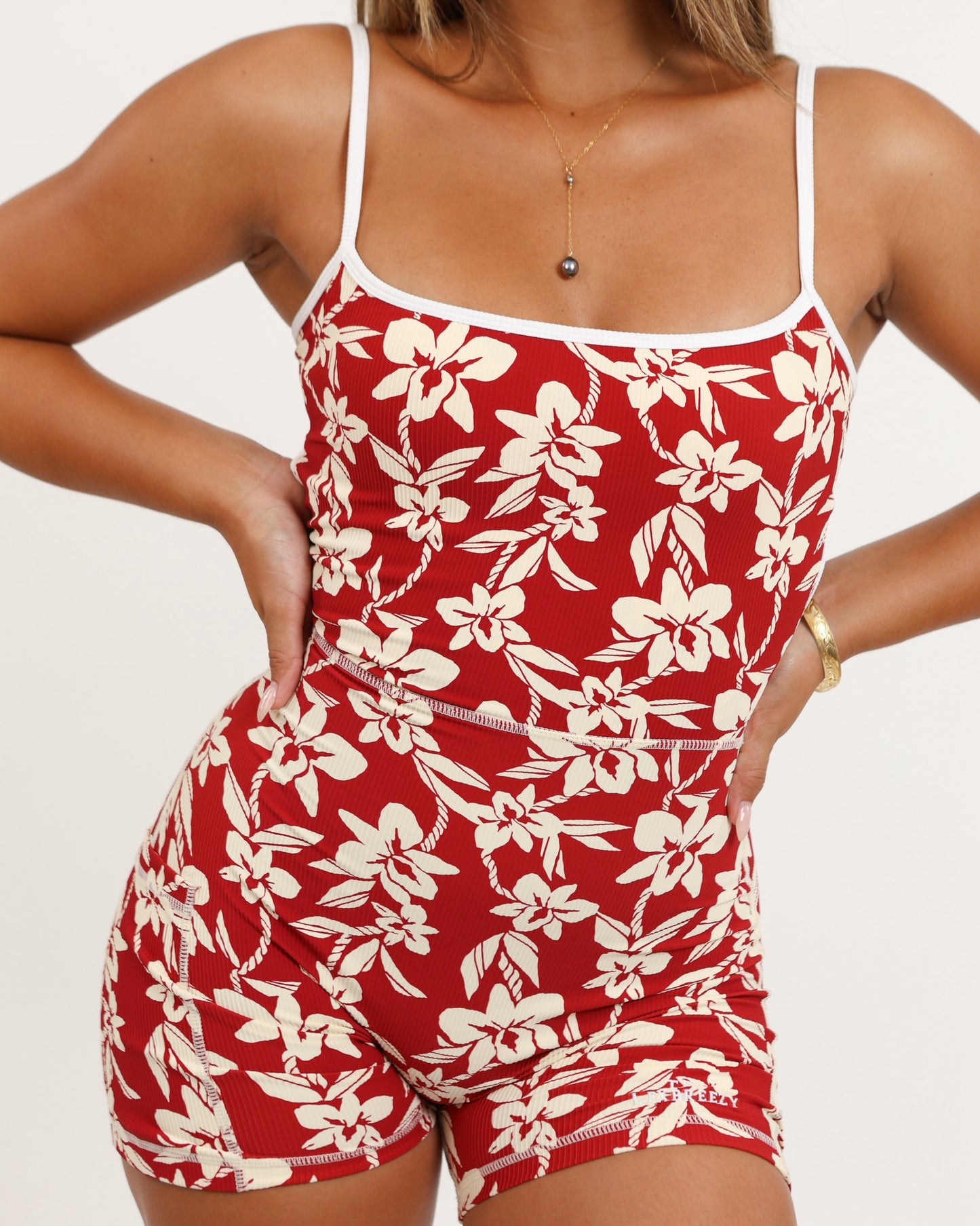 Kayla Jumpsuit in Red Orchid Lei w/ Trim