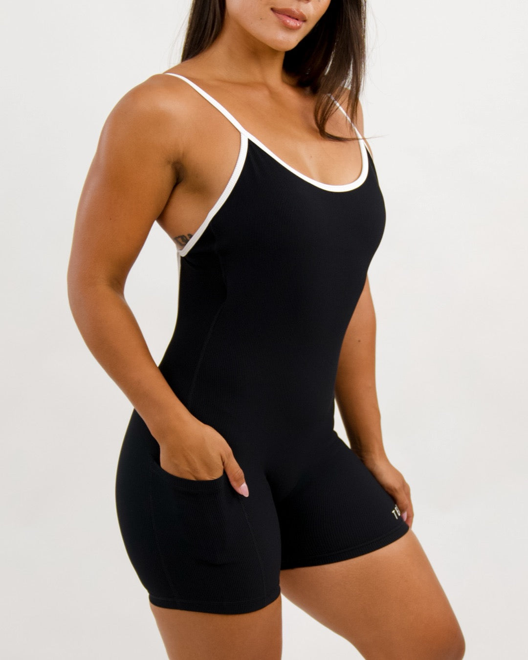 Azure V-Back Jumpsuit in Ribbed Black w/ Trim