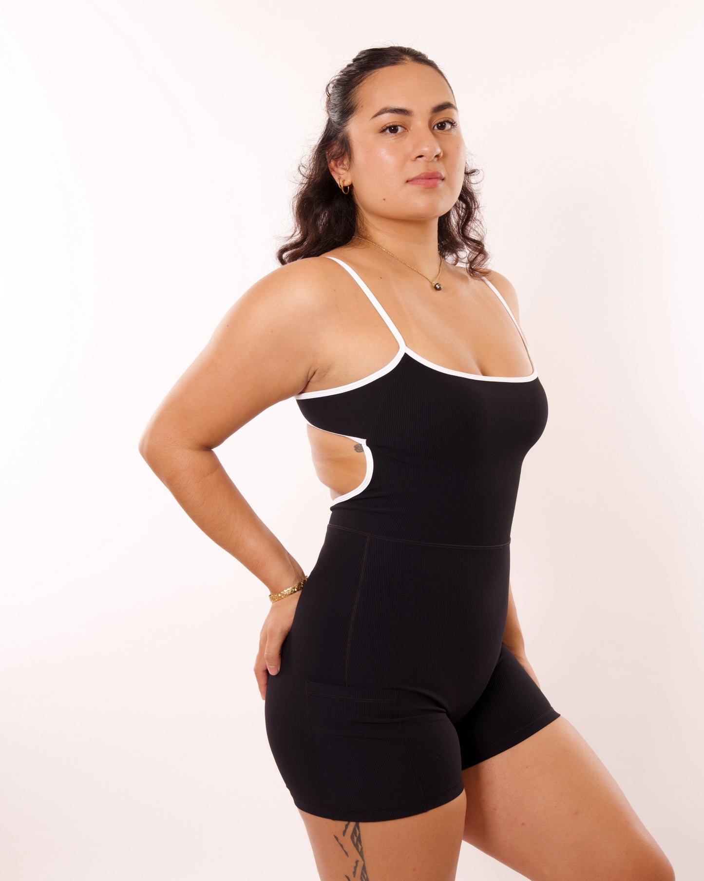 Kayla Jumpsuit in Ribbed Black w/ White Trim