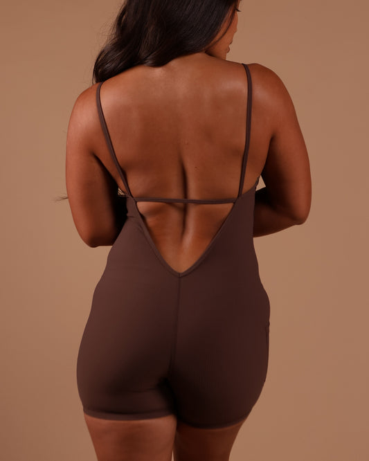 NEW Azure V-Back Jumpsuit in Ribbed Mocha