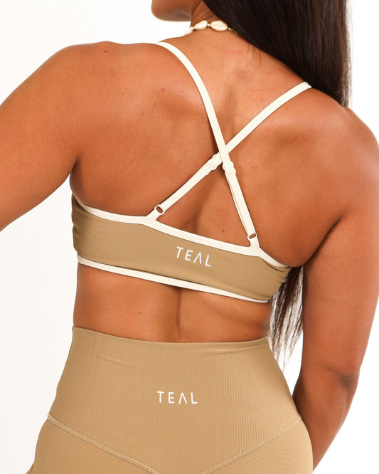 Cross Back Bra in Ribbed Golden Khaki