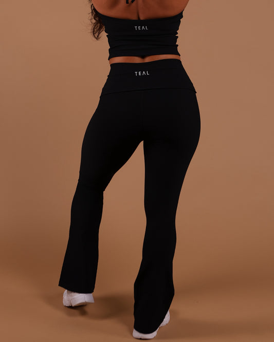 Flare Fold Over Leggings in Ribbed Black