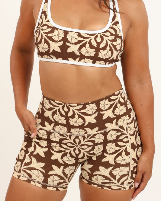 Essential 4" Biker Short in Brown Puakenikeni Quilt