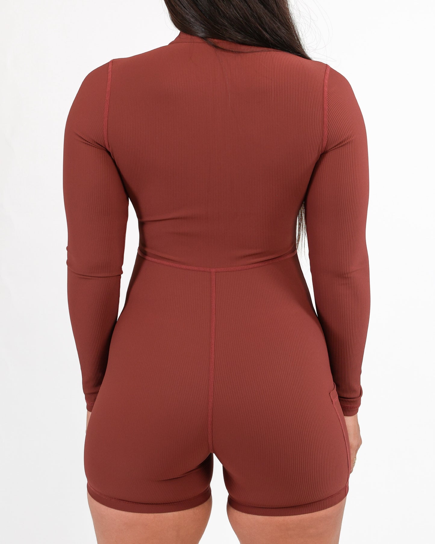 Half Zip Long Sleeve Jumpsuit in Ribbed Deep Merlot