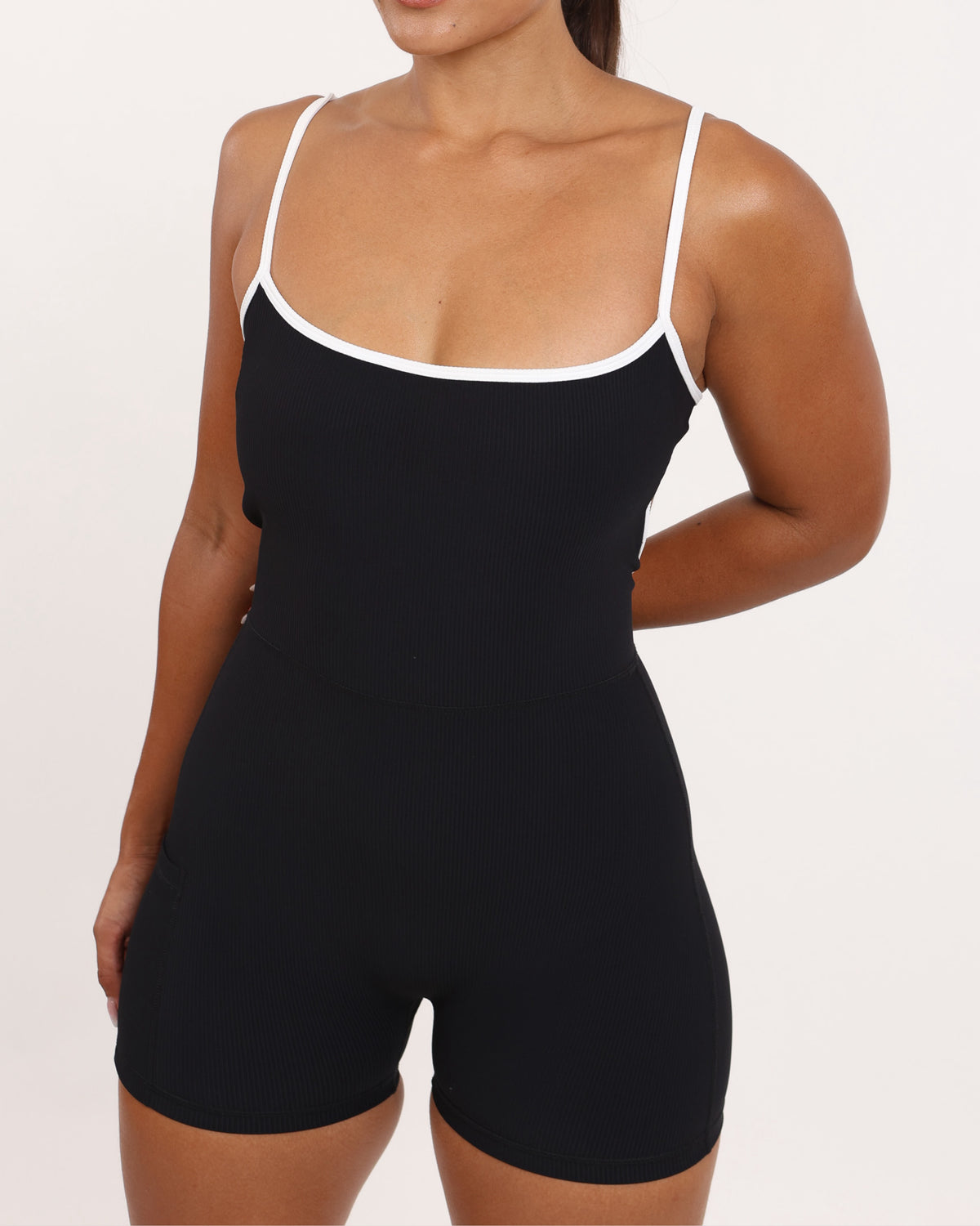 Kayla 3" Jumpsuit in Ribbed Black w/ White Trim