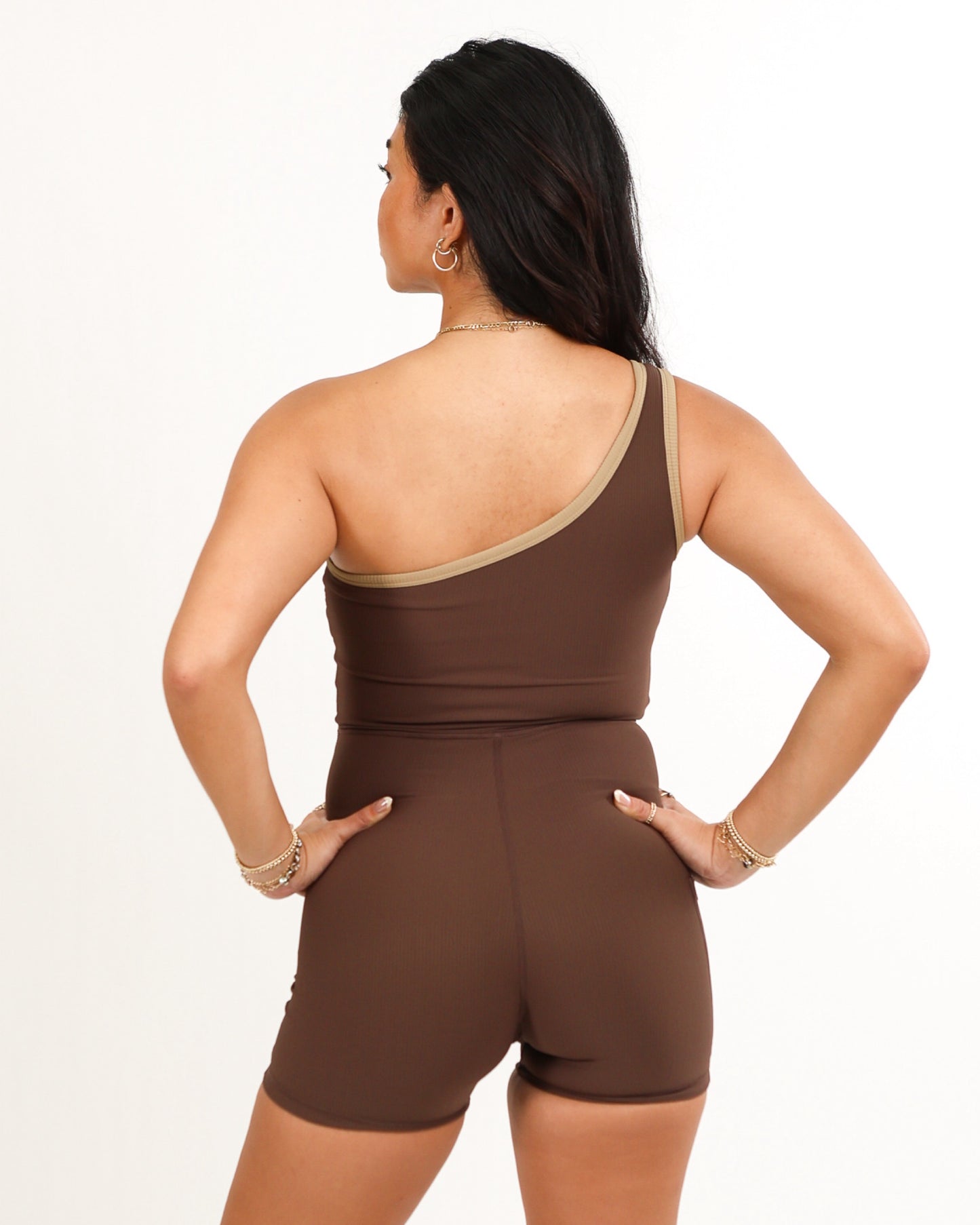 One Shoulder Jumpsuit in Ribbed Mocha